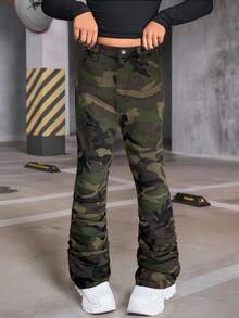 SHEIN Tween Girls Y2K Tree Branch Printed Flared Jeans With Pleats And Flap Pocket Stacked Jeans, Camo Cargo Pants, Teen Girl Camo Pants, Camouflage Jeans, Girls Camo Pants - Army Green - View 5