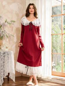 فستان ماكسي أنيق مخطط مبطن للنساء، قميص نوم أنيق للخريف/الشتاء، قميص نوم طويل الأكمام، قميص نوم من الدانتيل، قميص نوم كوتاجكور، قميص نوم مزين بالدانتيل، قميص نوم أحمر، خريف - عنابي اللون - مشاهدة 1