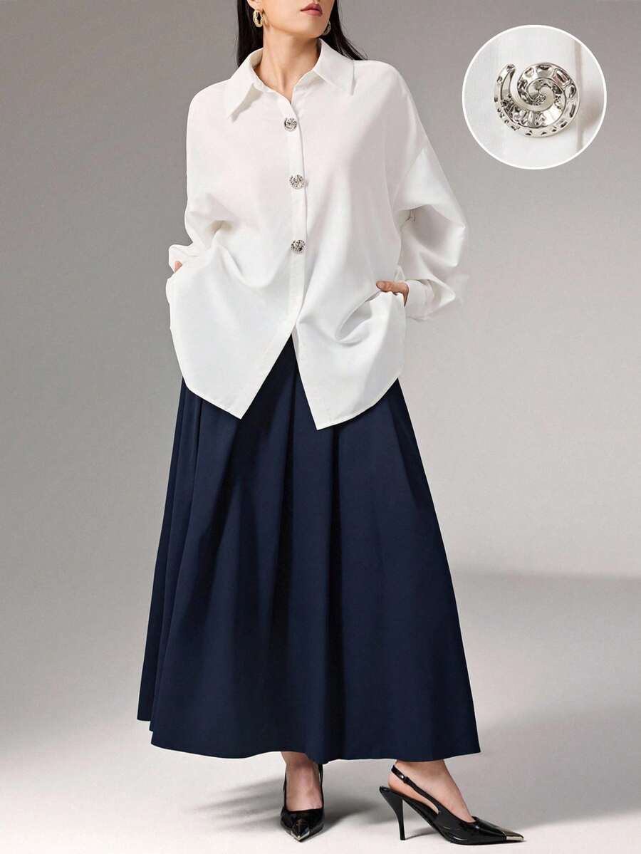 Heiryn 女士超大款金属扣都市通勤衬衫，返校季，秋季女装 - 白色 - 查看 1