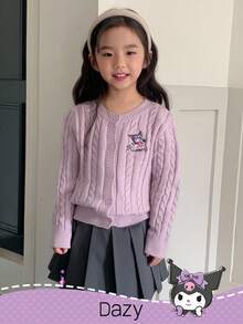 HELLO KITTY AND FRIENDS | SHEIN DAZY 年轻女孩休闲日常通勤和学校风格可爱卡通字母刺绣麻花针织纽扣开衫