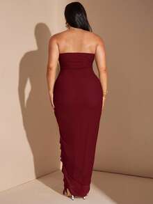SHEIN BAE Gaun Jala Burgundy Elegan Ukuran Plus untuk Wanita, Gaun Koktail Musim Dingin dengan Belahan Ruffle, Cocok untuk Kencan, Pernikahan, Pesta, Wisuda, dan Liburan. - Burgundy - View 5