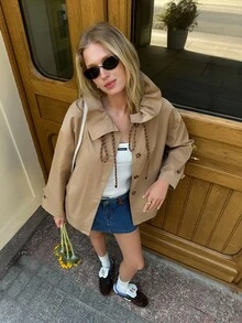 SHEIN Unity Women's Trench Coat Cloak Jacket,Khaki,Autumn,Casual,Everyday Vintage British Style French Retro Chic,Old Money Style,Commuting Office Halloween - Khaki - View 8