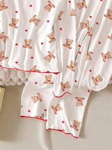 Genkimix Kids Tween Girls Pajama Set, White Base With Cute Cartoon Bear Print + Contrast Red Heart, Long Sleeve Top And Pants, Casual Loungewear Fall Winter Bear Pajamas Cute Pajamas - White - View 7