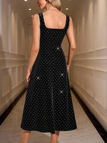 SHEIN Clasi 女式水钻装饰方领无袖中长连衣裙 - 黑色 - 查看 2