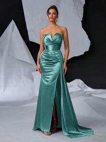 Glamrae 优雅奢华 V 领褶饰侧垂高开衩鱼尾长裙、晚礼服 - 薄荷藍 - 查看 4