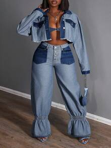 Slaydiva Plus Size Women High Waist Zipper Pocket Ruffle Hem Loose Fashion Jeans - Blue - View 2