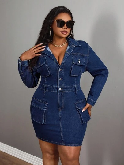 Slaydiva Plus Size Women Cowgirl Outfit Blue Elastic Sexy Fitted Long Sleeve Denim Dress, Rodeo Outfits For Women, Fall Women Clothes
