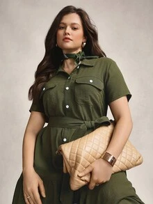 Zelara Plus Size Women Casual Elegant Utility Cargo Pocket Ruched Midi Dress Fall Women Clothes Back To School Homecoming Dress Business Casual Woman Modest Old Money Basic Stockholm Style Office Wear Teacher Outfits For Women - Army Green - View 5