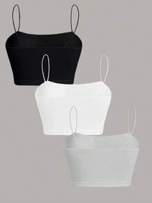 SHEIN EZwear 3 chiếc áo hai dây ngắn đa năng thường ngày, phù hợp cho mùa hè, ôm vừa vặn cho nữ - Nhiều màu - Xem 2