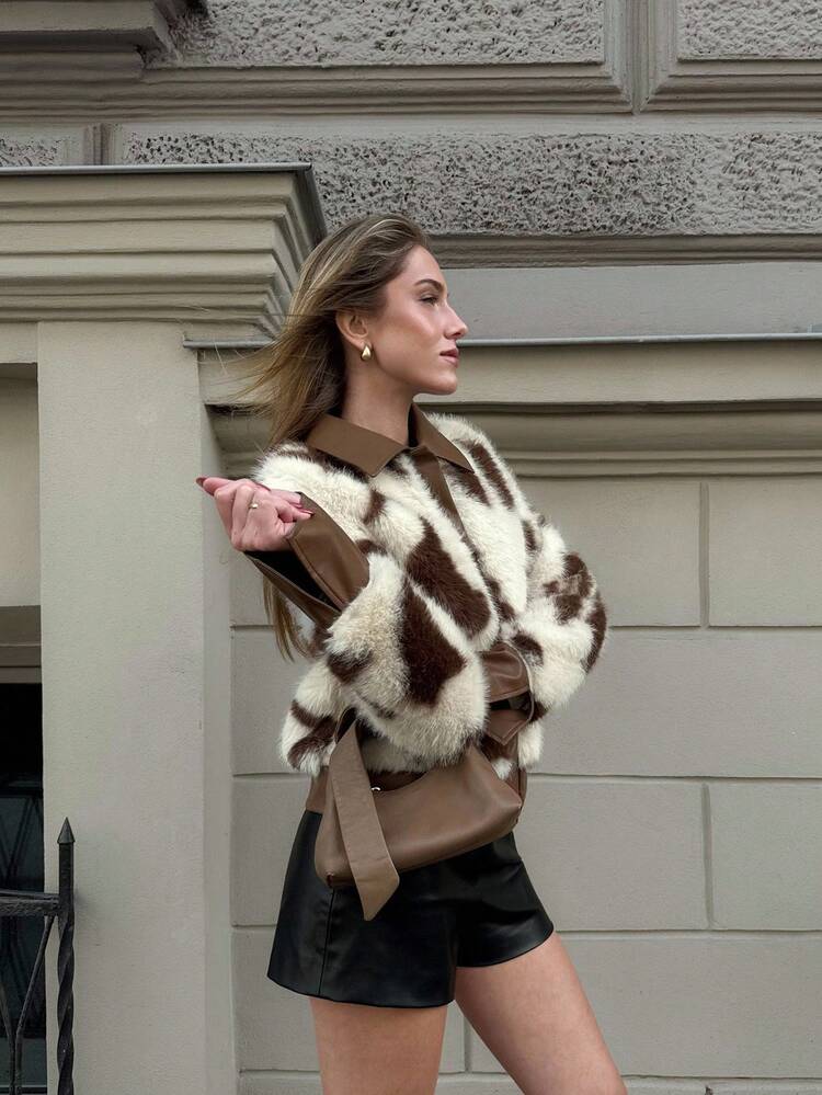 ALL OVER PRINT BUTTON UP FAUX FUR JACKET