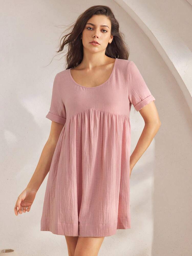Ocili Robe décontractée à col rond et manches courtes de couleur unie, vêtement d'été pour la maison - Rose bonbon - Voir 3