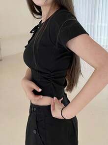 DAZY 女式短款紧身纯色T恤夏季，女式短款上衣