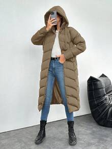 EURMUSE Women's Solid Color Hooded Drawstring Long Cotton Padded Coat, Winter - Camel - View 7