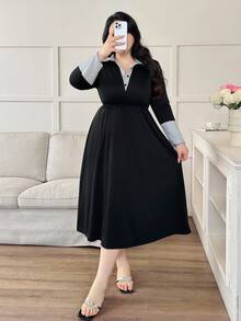 Modelyn Plus Size Women Woven Patchwork Knit Dress - Multicolor - View 5