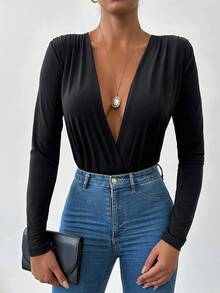 EURMUSE Solid Plunging Neck Bodysuit - Black - View 5