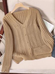 Franclia Khaki Autumn V-Neck Twist Rope Metal Button Casual Sweater,European & American Blogger Style Fall Winter Elegant Office Commuting Urban Professional - Khaki - View 5
