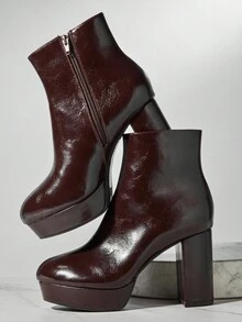 SHUZIA Botines de plataforma con cremallera y tacón de bloque de piel sintética de estilo casual para mujer - Marrón - Ver 6