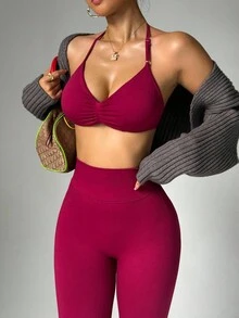 Dewbera Women's Halter Backless Bodycon Binding Leg 2 Pieces Activewear Set Workout Sets - Burgundy - View 6