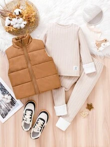 SHEIN Genkimix Kids 女童三件套：白色短款立领棉背心、紫色罗纹长袖T恤和紧身裤。适合冬季、休闲、日常穿着、学校、家庭聚会、街头服饰和运动。 - 彩色 - 查看 5