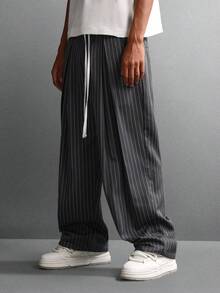 SUMWON Loose Fit Double Waistband Pinstripe Trouser With Pleats Wide Leg Formal Business Casual Office Pants - Grey - View 6