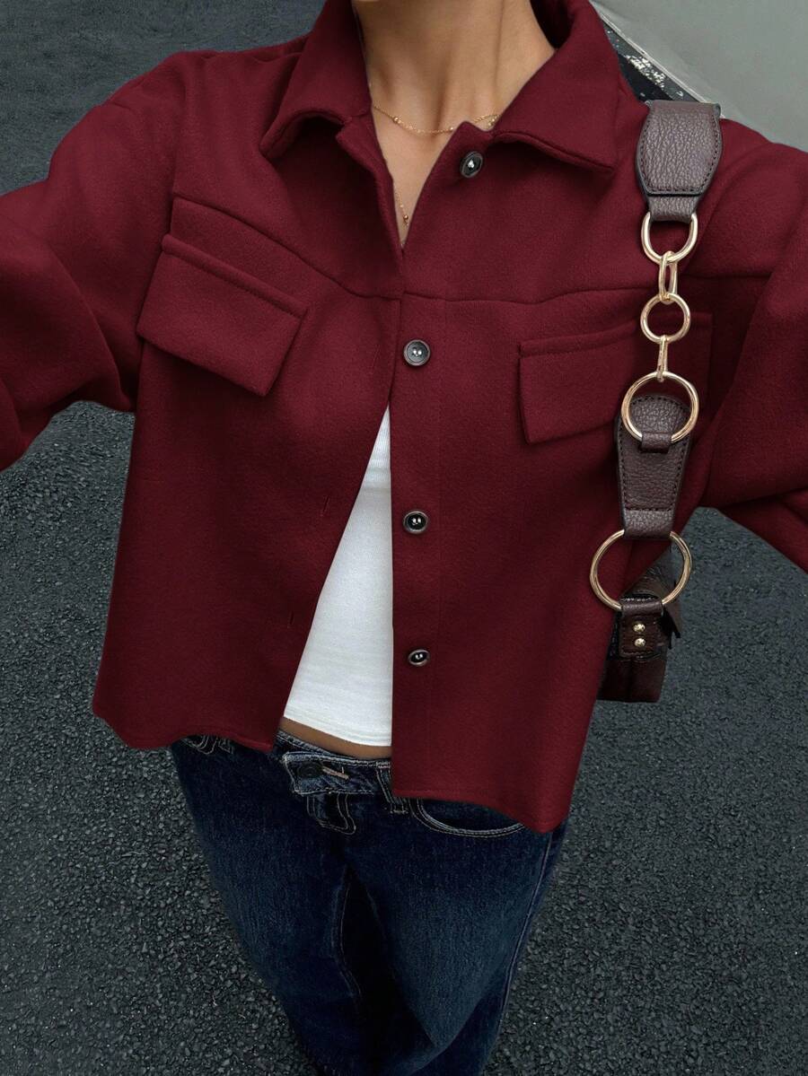 Siren Gaze 女士休闲百搭纯色短款大衣秋冬装 - 酒紅色 - 查看 1