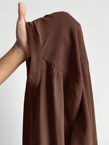 SHEIN Essnce 大码女式秋冬宽松休闲长袖棕色长衬衫，V领，适合工作、教师、返校、办公室穿着，秋季上衣 - 棕色 - 查看 8