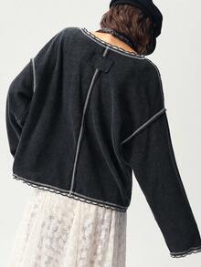 Bohemela 大码女式V领落肩长袖休闲宽松卫衣 - 黑色 - 查看 7