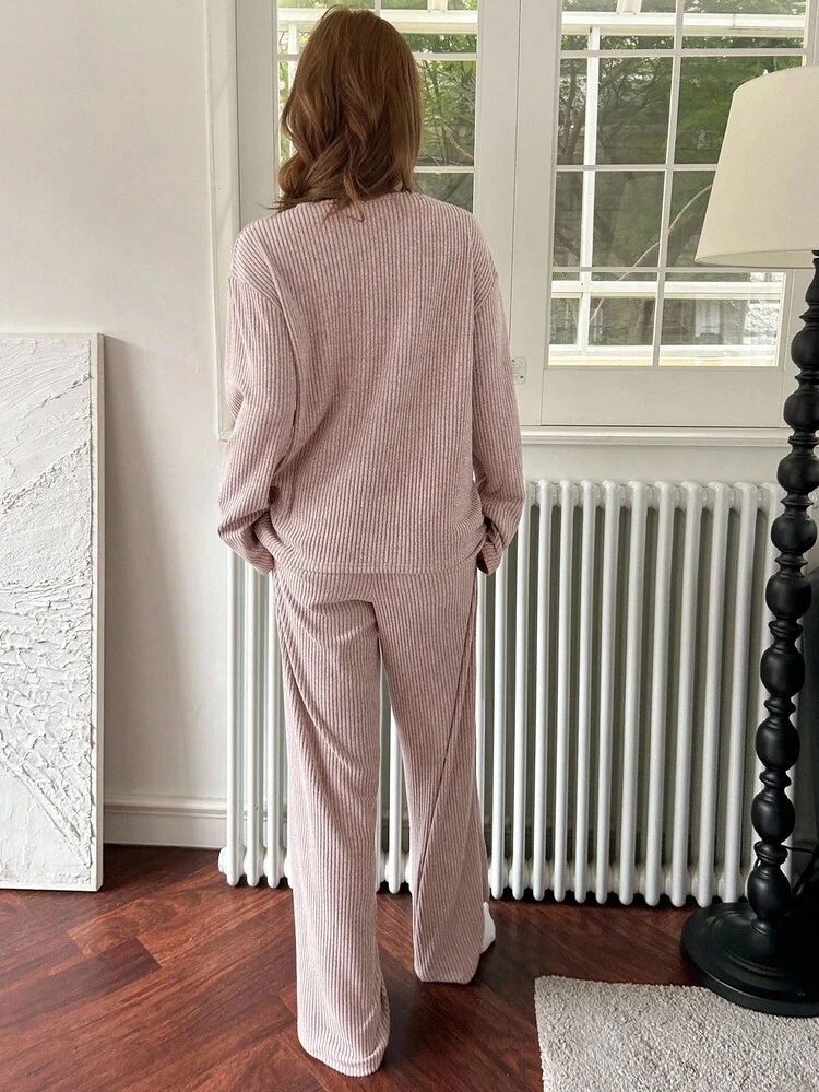 Comfortable Knit Fleece Fabric Simple English Embroidery Decor Long Sleeve Top & Pants Loungewear Set Fall, Winter Clothes , Cozy