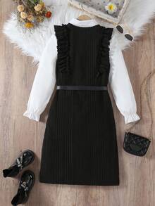 圣诞节、万圣节、黑色连衣裙、黑色连衣裙、冬装、儿童冬装、秋装、万圣节、万圣节服装、圣诞服装、女童长袖衬衫裙两件套 - 黑與白 - 查看 7