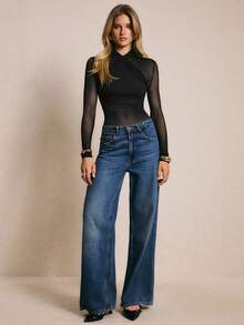 Poéselle Bộ đồ liền thân lưới màu trơn gợi cảm dành cho nữ - màu đen - Xem 7