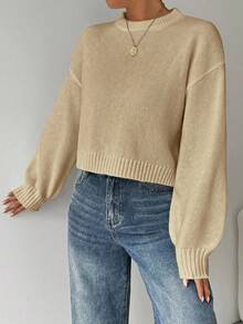 EMERY ROSE Women's Solid Color Simple Casual Crew Neck Long Sleeve White Sweater - Apricot - View 5