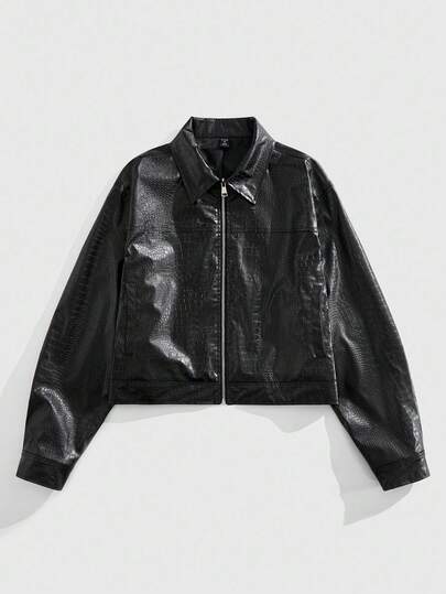 Grunge Punk Men's Fashionable Black Crocodile Embossed PU Leather Jacket