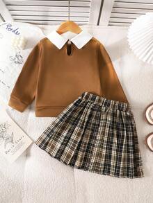 Conjunto de 2 piezas de niña para otoño/invierno de vuelta al colegio, con sudadera de manga larga de punto con estampado de letras inglesas en panel frontal marrón café y cuello blanco sólido, emparejada con falda plisada a cuadros marrón café, adecuado para uso diario, salidas, viajes y reuniones - Café integral - Ver 2