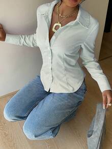 SHEIN EZwear 女士秋季新款粉色条纹系腰修身长袖衬衫 - 綠色 - 查看 4