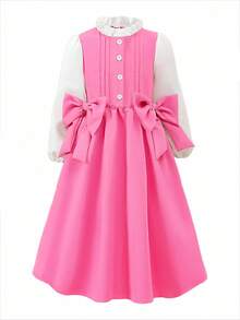 SHEIN Kleine Mädchen Frühling & Herbst Vintage akademischer Stil Gewebe Kleid mit 3D Schleifen Dekor, Rosa; Kleine Mädchen Weiß Langarm Kleid mit Rüschen Saum und Bernstein Knöpfen, geeignet für Schulanfang, süß & elegant für Alltag, Reisen, Fotoshootings und Zusammenkünfte Herbst Winter - Heißes Pink - Übersicht 8