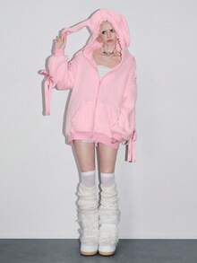 ROMWE Kawaii Rabbit Ear Bow Lace Trim Ribbon Decor Women Sweatshirt - Pink - View 6