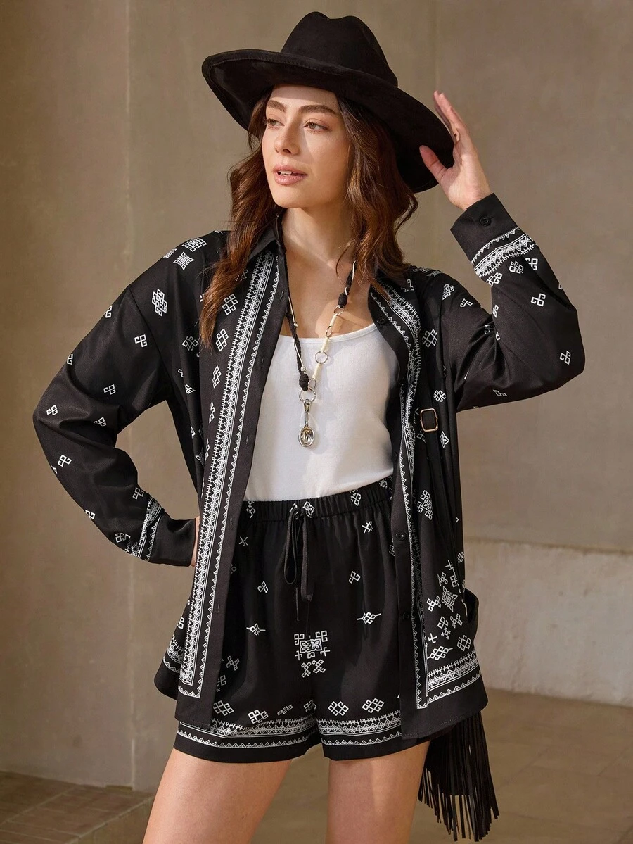 Wildy 2 pezzi Set casual da donna con top a maniche lunghe e pantaloncini con coulisse