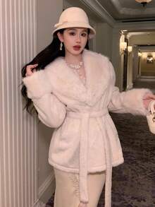 DAZY 女士领结蓬松夹克，秋冬仿皮草大衣 - 白色 - 查看 6
