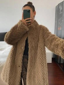 DAZY 女式仿毛领中长款纯色大衣，秋冬 - 咖啡棕 - 查看 1