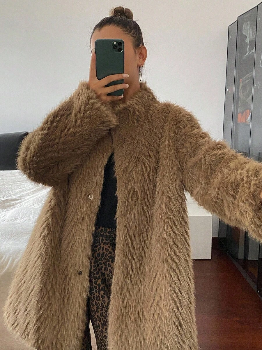 DAZY 女式仿毛领中长款纯色大衣，秋冬 - 咖啡棕 - 查看 1