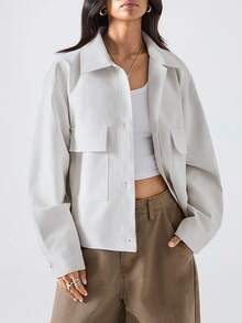 LYSMO Jaqueta Casual Feminina de Manga Longa, Bolso Cargo de Abotoamento Único, Cor Sólida, Outono - Branco - Visão 5