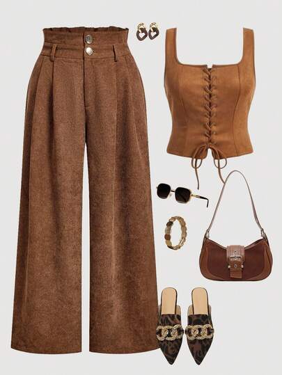 SHEIN MOD Plus Size Brown High Waist Belt Decor Wide Leg Pants In Fall/Winter