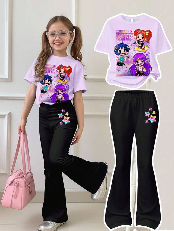 SHEIN 2pcs/Set Young Girl K-POP Cartoon Girl Portrait Casual Minimalist Round Neck Short Sleeve T-Shirt And Flare Pants, Spring & Summer Outfits