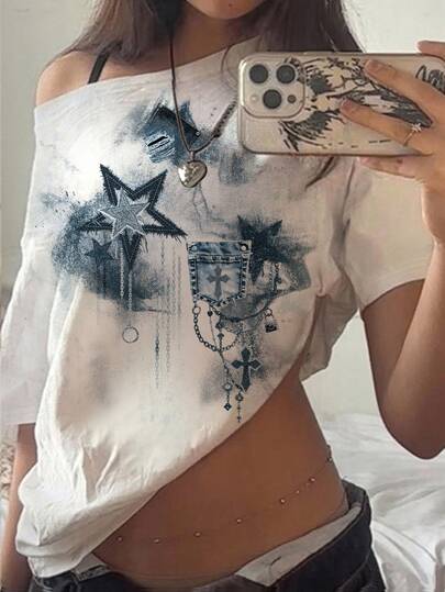 SHEIN EZwear 女士休闲简约五角星印花露肩宽松短袖T恤