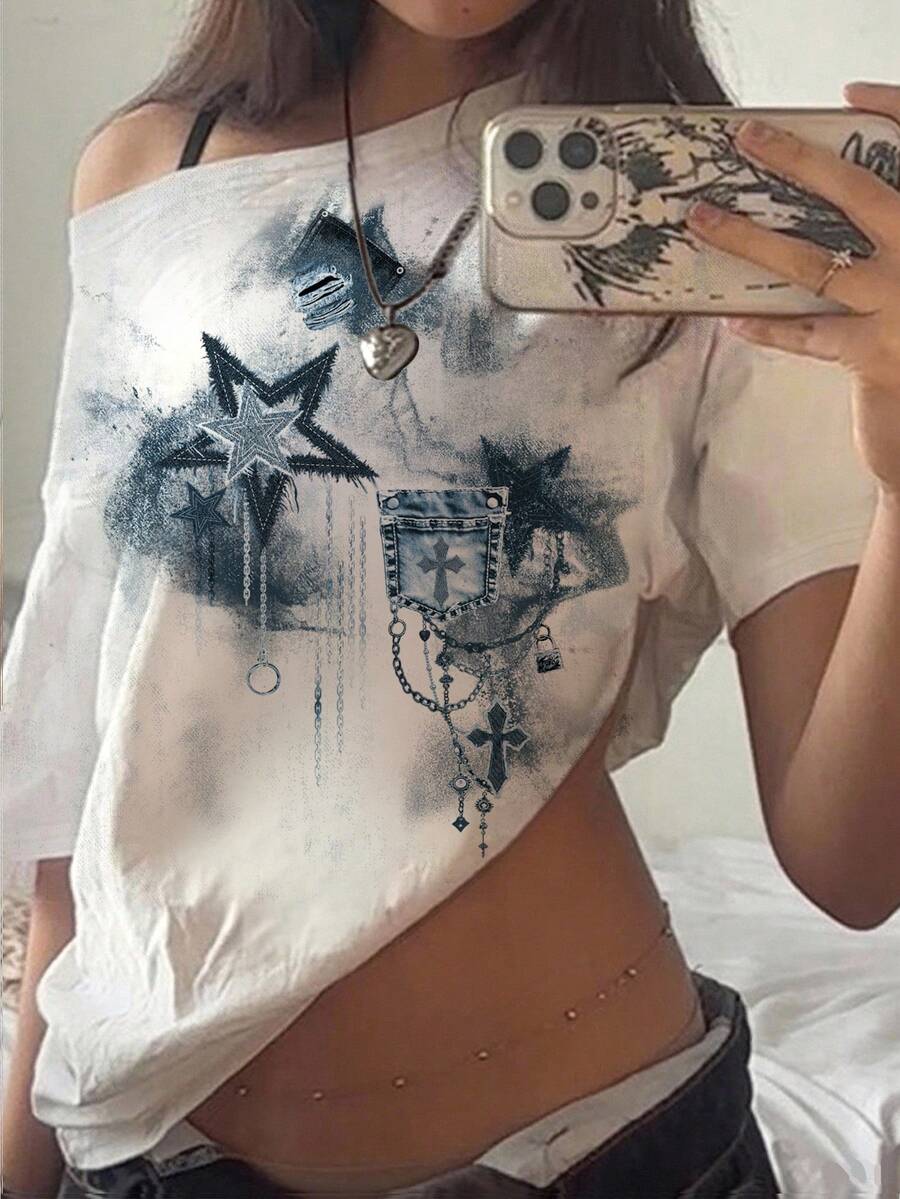 SHEIN EZwear Casual Minimalist Pentagram Print Off Shoulder Loose Short Sleeve T-Shirt For Women - Multicolor - View 1
