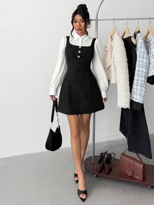 SHEIN Váy 2 trong 1 cổ bẻ tay đèn lồng màu đen trắng thanh lịch cho bé gái tuổi teen, mùa thu, trở lại trường, váy mùa thu, trang phục, váy dài tay màu trắng - màu đen - Xem 4