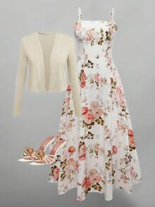 Franclia طقم فستان كامي مطبوع بالأزهار وجاكيت لون سادة مقاسات كبيرة - متعدد الألوان - مشاهدة 1