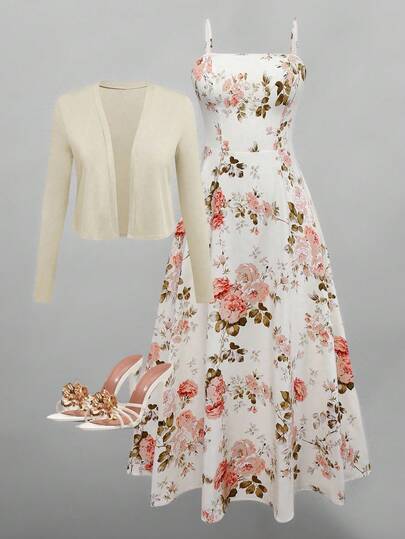 Franclia 大码纯色夹克和花卉印花吊带裙套装