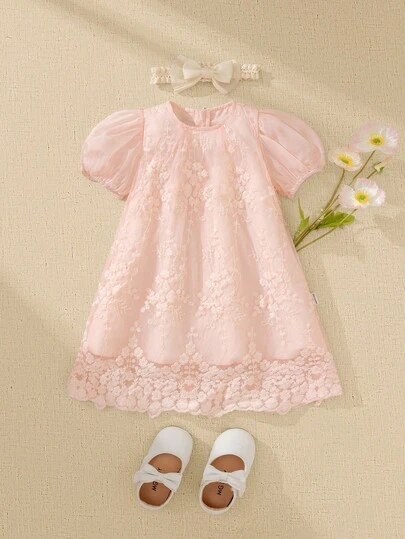 Souflis Souflis Infant/Baby Girl Beige Embroidered Mesh Puff Sleeve Princess Dress, Suitable For Birthday Party, Evening Party, Daily Wear