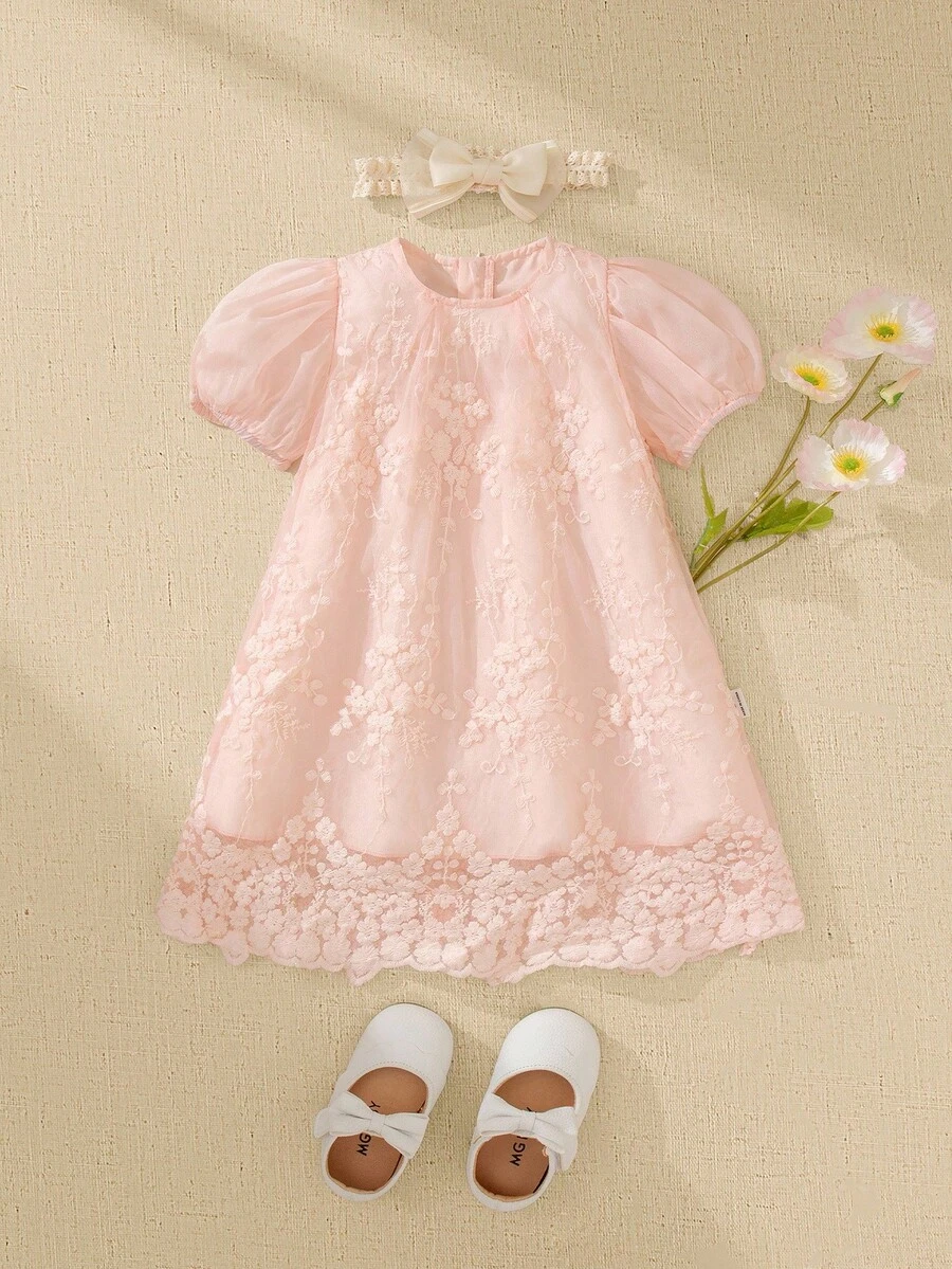 Baby Girl Beige Embroidered Mesh Puff Sleeve Princess Dress, Suitable For Birthday Party, Evening Party, Daily Wear - Dusty Pink - View 1